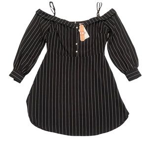 NWT GB Black Pinstripe Off Shoulder Spaghetti Strap Dress Size Large